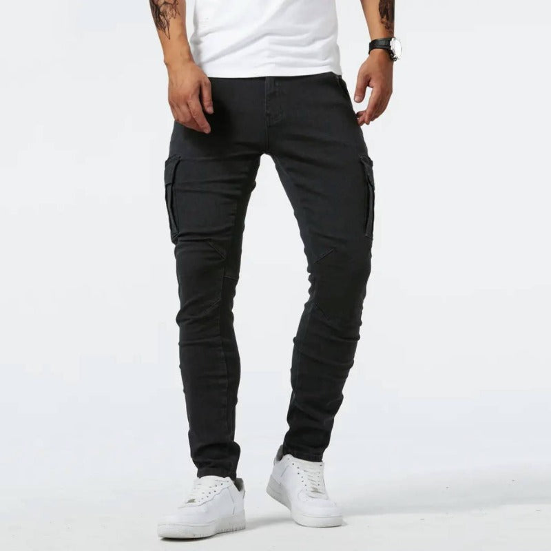 Stylish men's cargo jeans with multi-pockets, offering a flexible fit and ultimate comfort for casual wear.