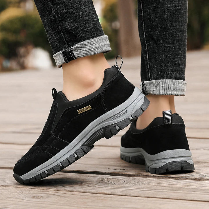 Slip-on men's supportive orthopedic hiking shoes for easy comfort and pain relief on trails.