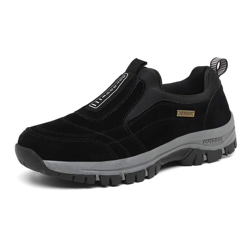 Close-up of men's orthopedic hiking shoes, highlighting durable materials and supportive design.