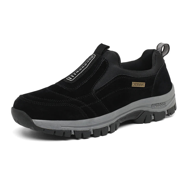 Close-up of men's orthopedic hiking shoes, highlighting durable materials and supportive design.
