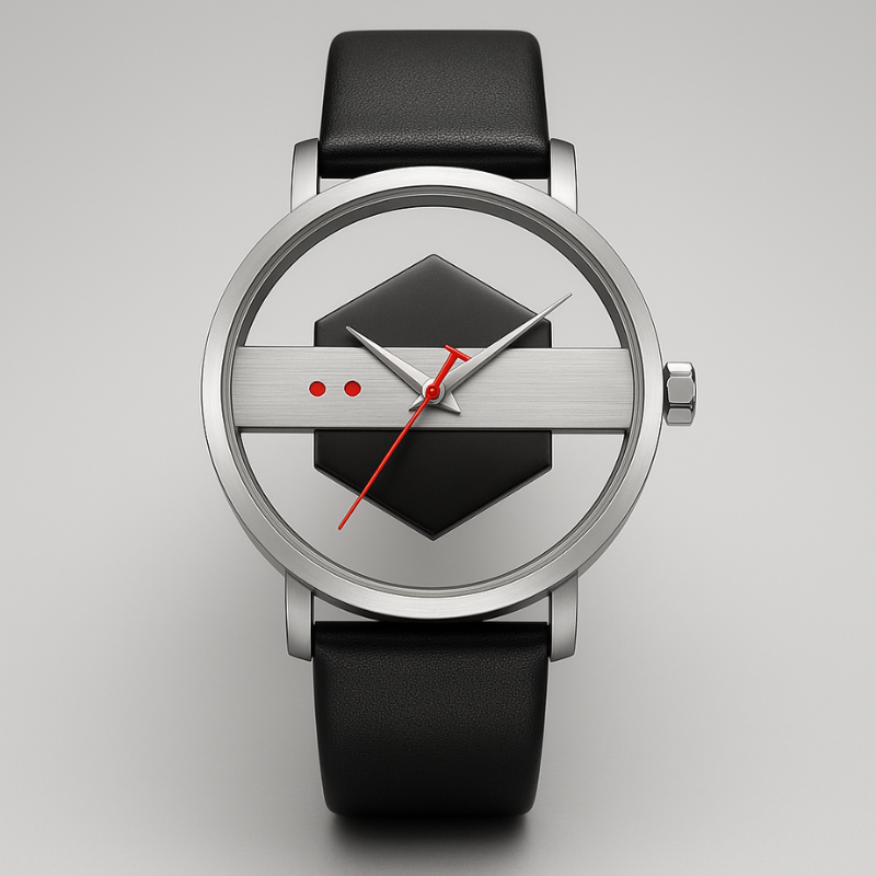 Men's Surreal Orbiting Hex-Core Dial Watch with brushed steel case and black silicone strap.