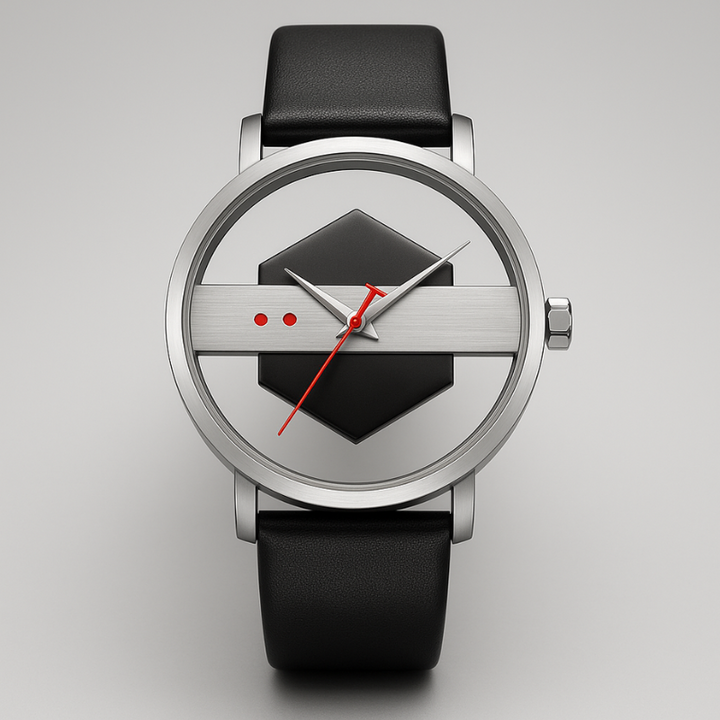 Men's Surreal Orbiting Hex-Core Dial Watch with brushed steel case and black silicone strap.