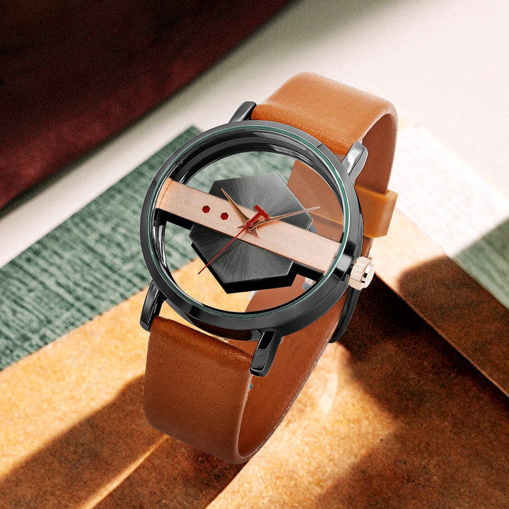 Men's unique watch: Surreal Orbiting Hex-Core Dial, brushed steel case, and black silicone strap.