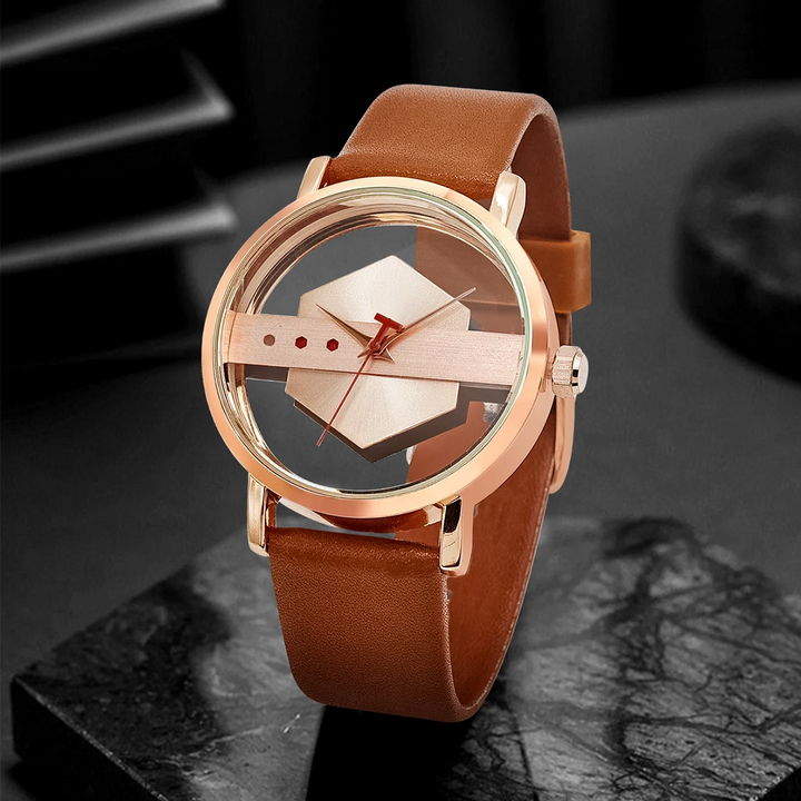 Men's brushed steel watch with a comfortable silicone strap and surreal hex-core dial detail.