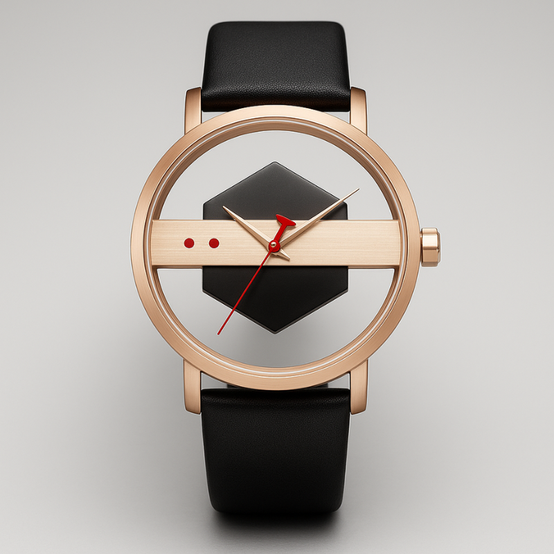 Front view of a men's modern timepiece: Surreal Orbiting Hex-Core Dial Watch, full display.