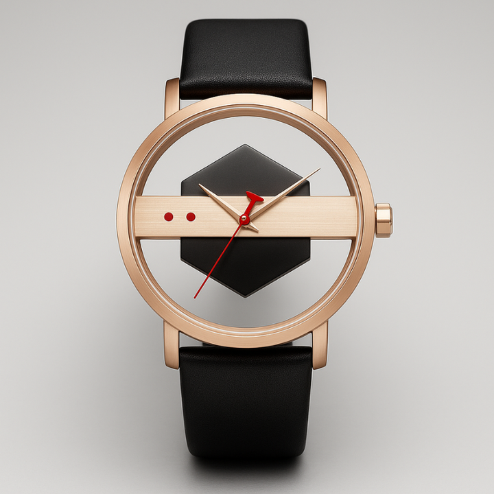 Front view of a men's modern timepiece: Surreal Orbiting Hex-Core Dial Watch, full display.
