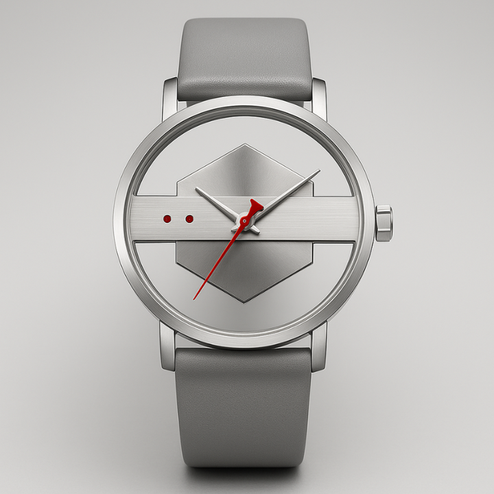 Elegant men's watch: Surreal Orbiting Hex-Core Dial, brushed steel finish, and black silicone strap.
