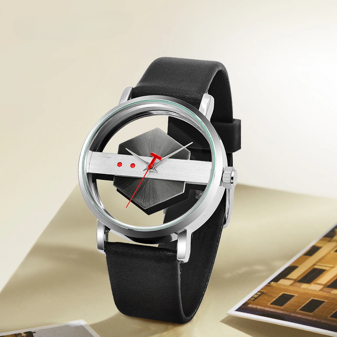 Unique men's orbital hex-core watch, a modern timepiece and fashion accessory for him.