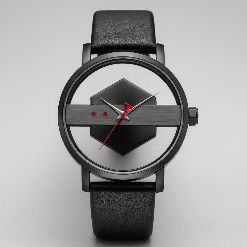 Men's fashion accessory: Orbital hex-core watch with a sleek black silicone band, unique style.