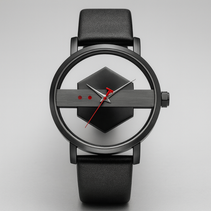 Men's fashion accessory: Orbital hex-core watch with a sleek black silicone band, unique style.