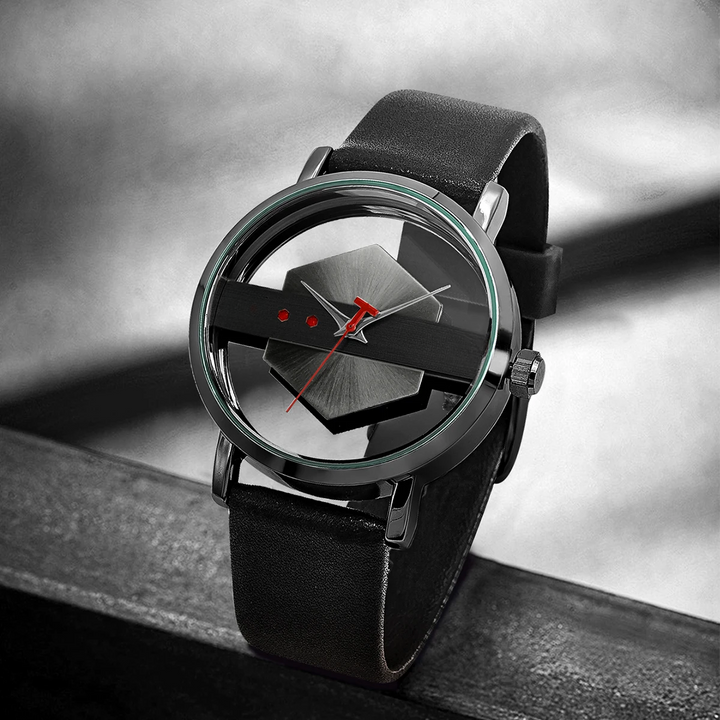 Detail shot of the orbiting hex-core dial on a men's surreal modern timepiece, close-up.
