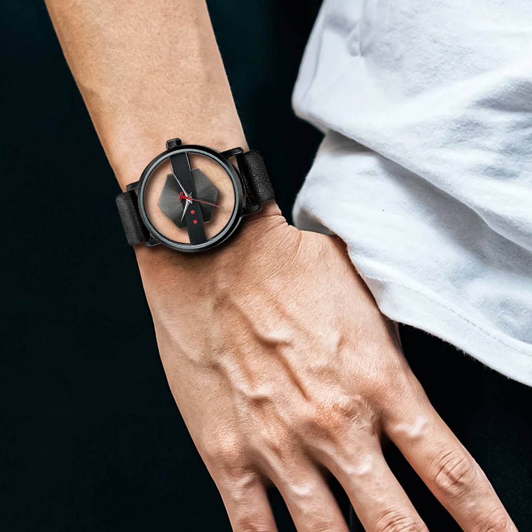 Brushed steel men's watch with a unique surreal orbiting hex-core dial and silicone strap.
