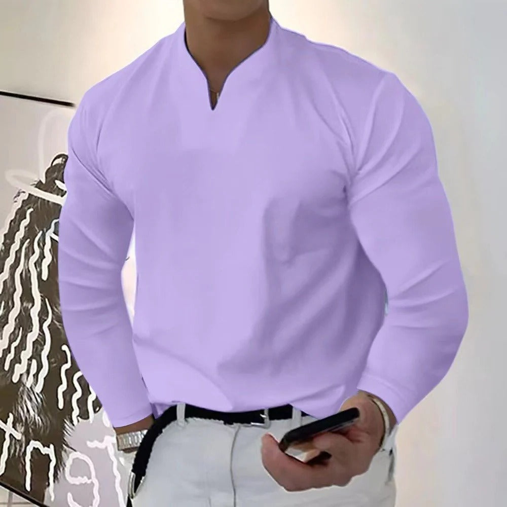 Sleek-fit men's V-neck shirt, designed for sweat protection and modern style.