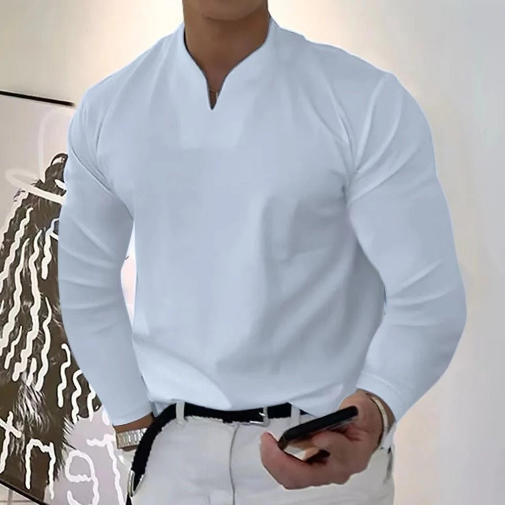 Men's V-neck shirt in a clean design, emphasizing comfortable fit and quality.