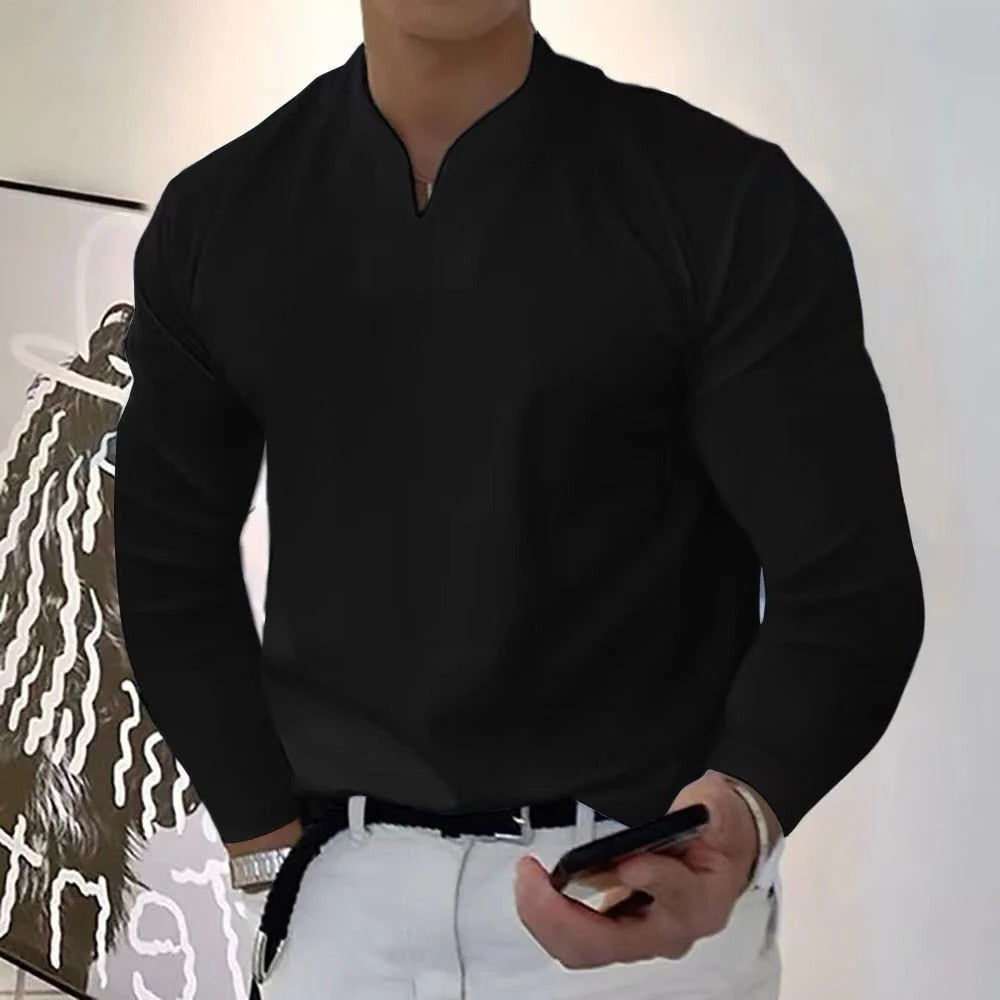 Moisture-wicking V-neck shirt for men, preventing sweat marks and discomfort.
