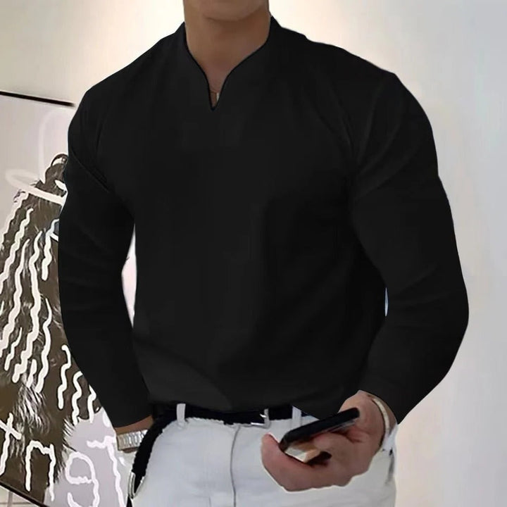 Moisture-wicking V-neck shirt for men, preventing sweat marks and discomfort.