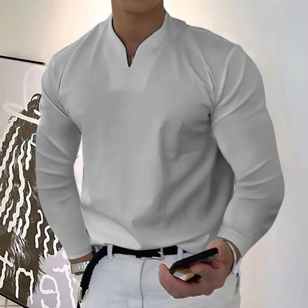 Soft, breathable men's V-neck shirt with advanced sweat-proof fabric technology.
