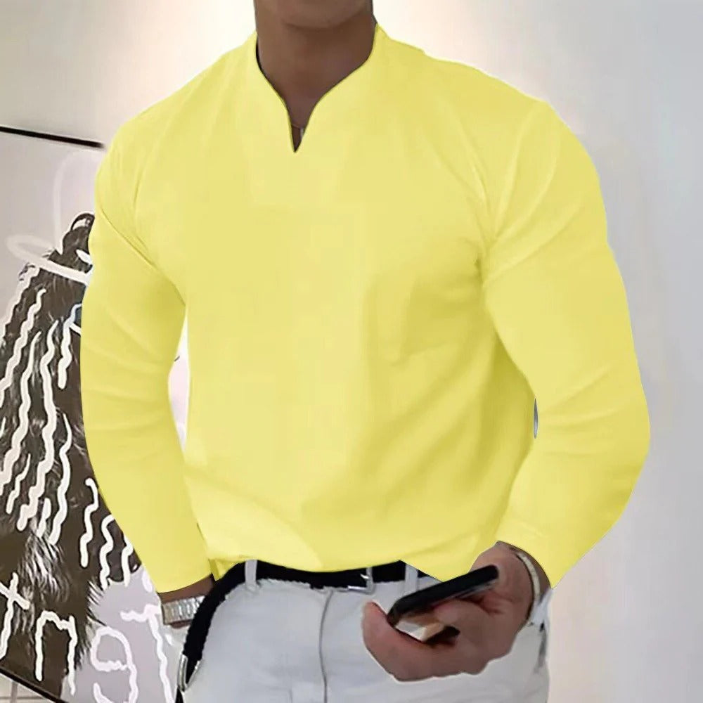 Close-up of men's V-neck shirt fabric, highlighting its sweat-proof and moisture-wicking texture.