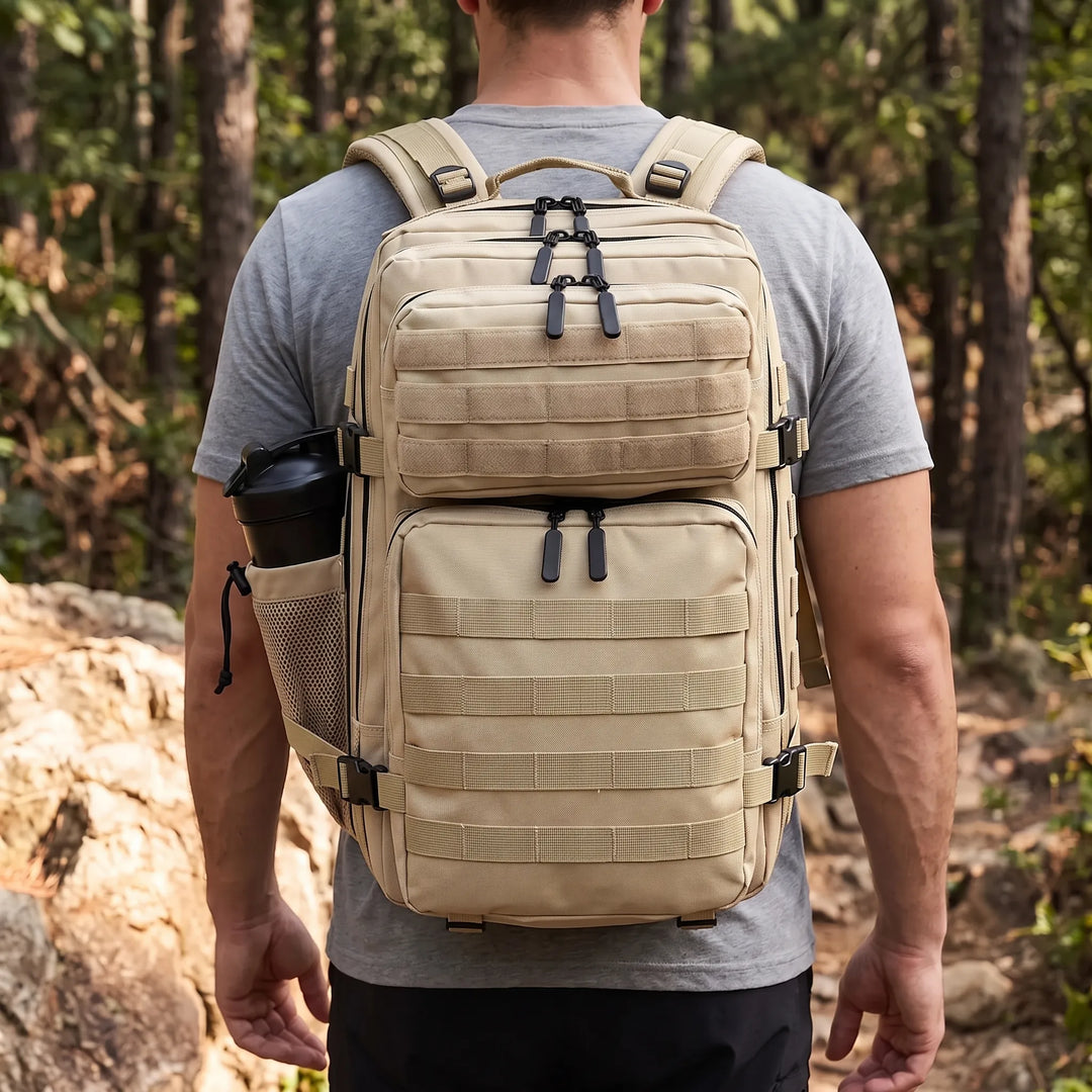 Men's tactical backpack, durable hiking daypack with MOLLE system for outdoor adventures.