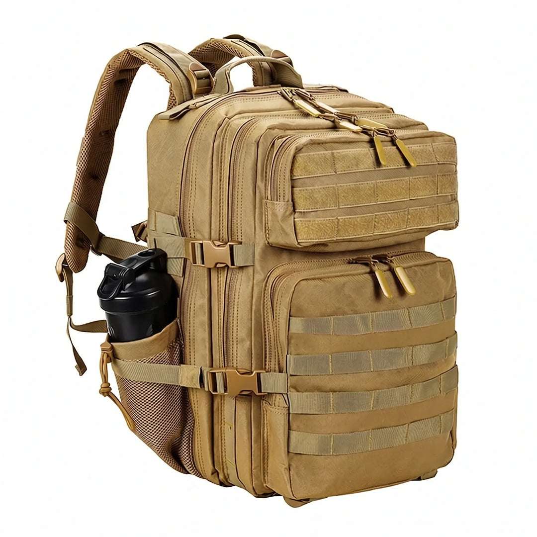 Heavy-duty zippers & buckles on men's tactical backpack ensure durability for outdoor gear.