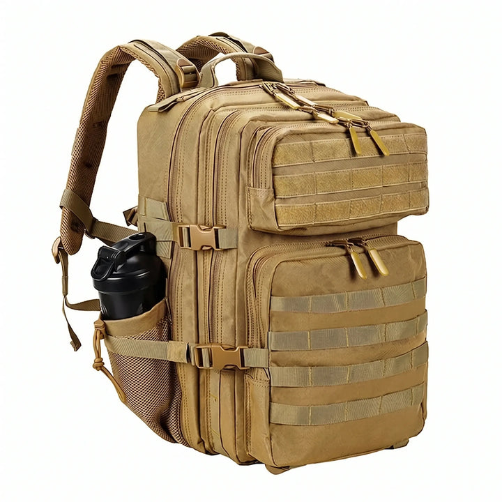 Heavy-duty zippers & buckles on men's tactical backpack ensure durability for outdoor gear.