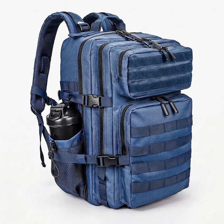 Organized men's military backpack, showing capacity for essential hiking and travel items.