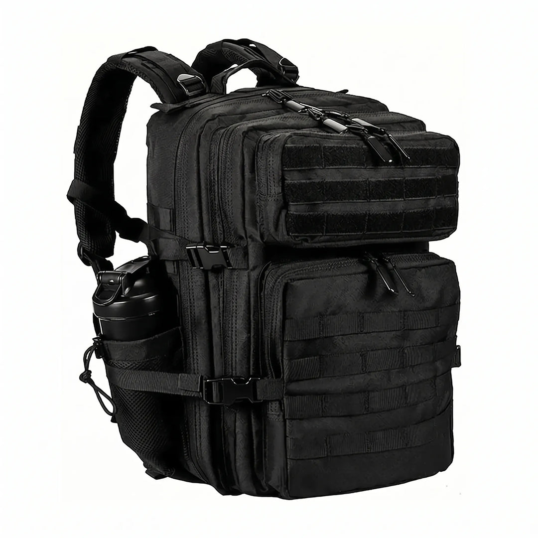 Textured men's tactical daypack, durable fabric built for rugged outdoor and camping trips.