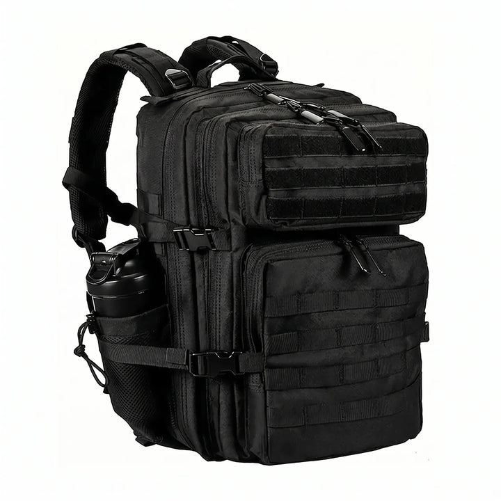 Textured men's tactical daypack, durable fabric built for rugged outdoor and camping trips.