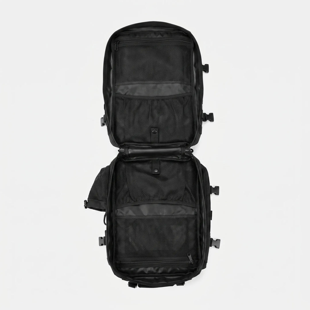 Spacious men's camping pack with multiple compartments for organized gear storage.
