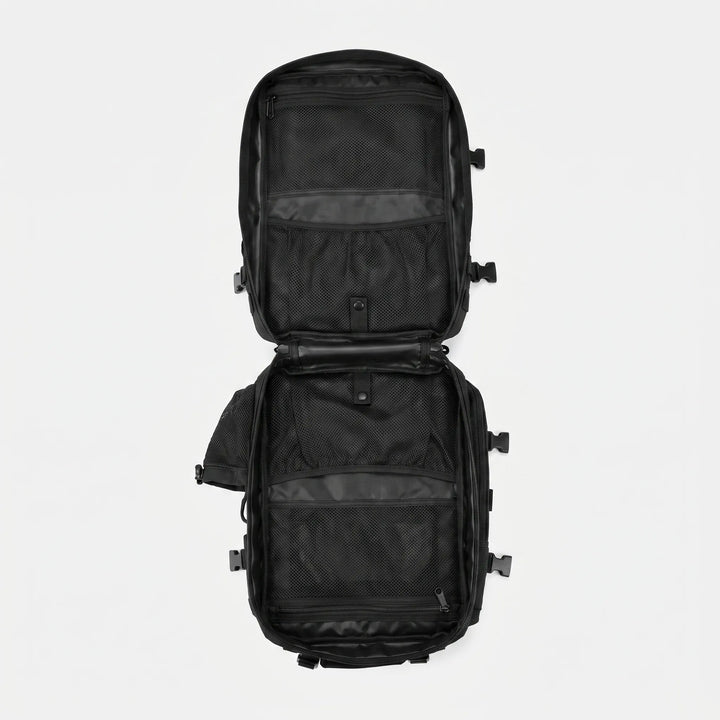 Spacious men's camping pack with multiple compartments for organized gear storage.