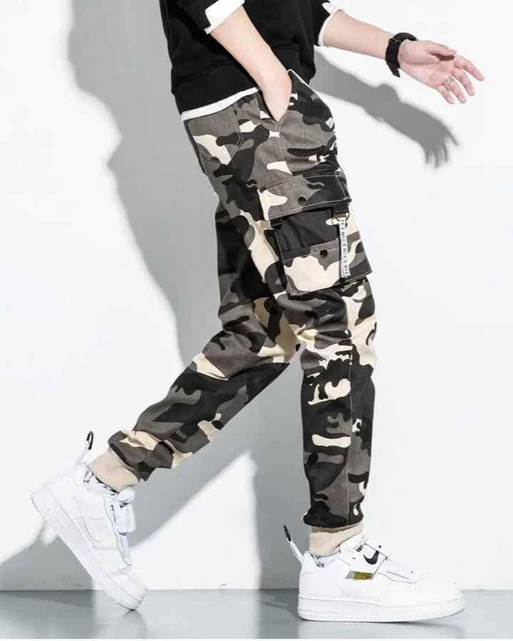 Everyday men's camo joggers, tapered fit, comfortable and stylish for urban adventures.