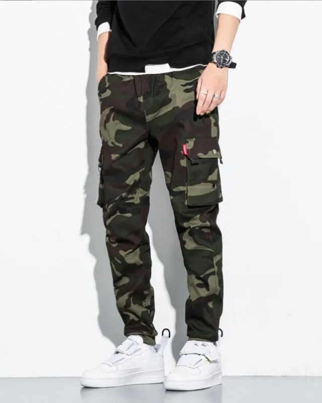 Men's unique camo print cargo joggers, tapered fit, offering both style and tactical function.
