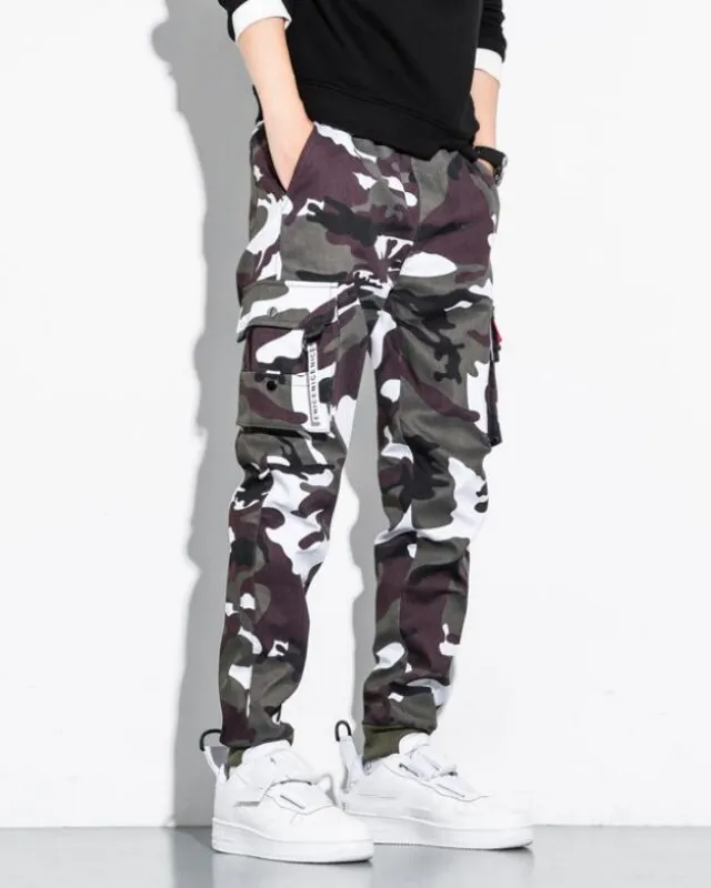 Modern men's tapered fit camo joggers, blending streetwear fashion with everyday utility.