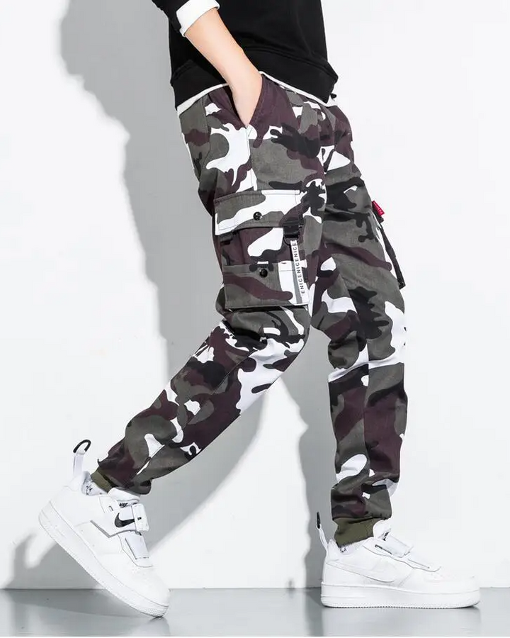 Fashion-forward men's camo tactical pants with a sleek tapered fit and cargo pockets.