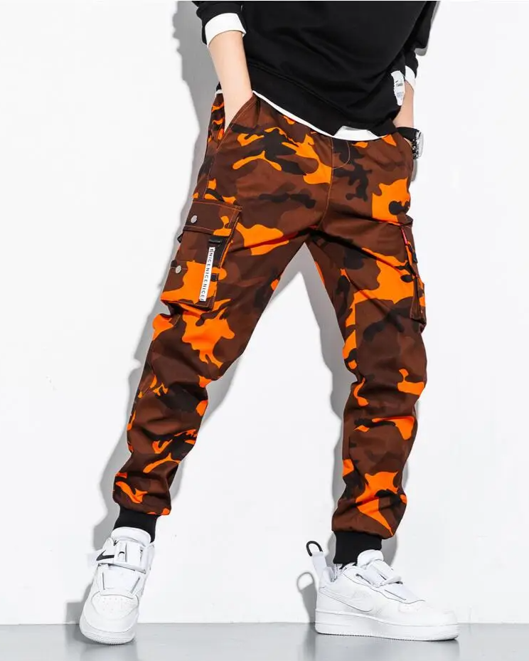 Men's streetwear camo joggers, cargo pockets, elastic waist, and trendy tapered fit.