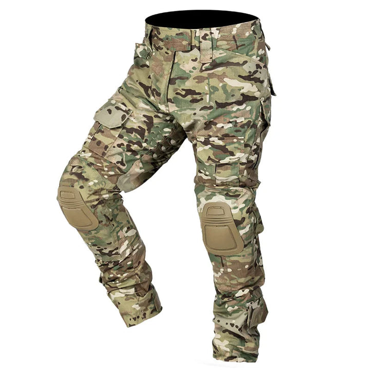 Functional men's tactical pants, multi-pocket cargo design with protective knee pads for utility.