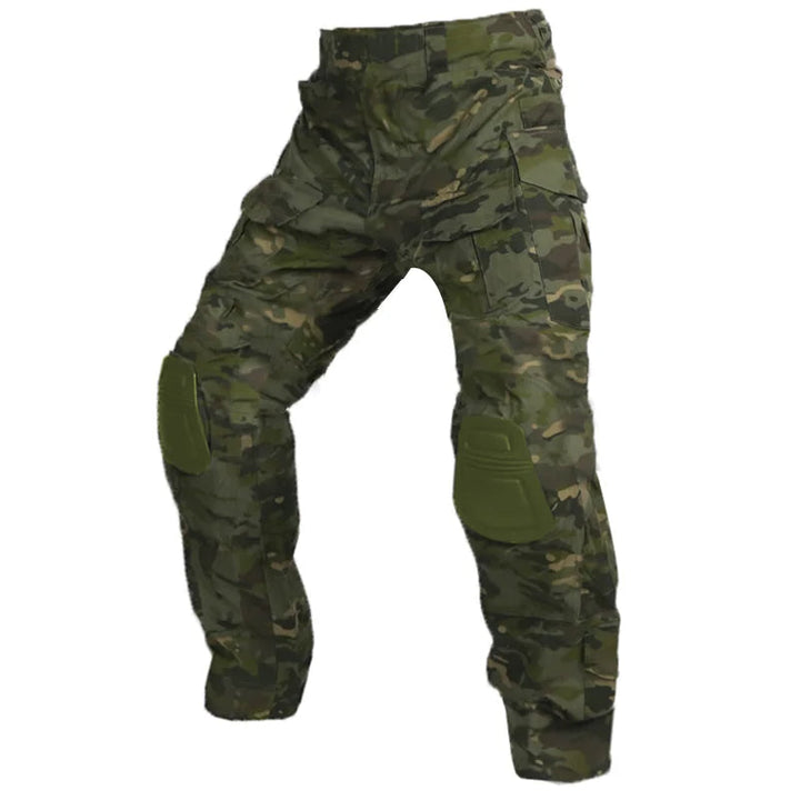 Man wearing durable men's tactical cargo pants with knee pads, ready for outdoor adventure.