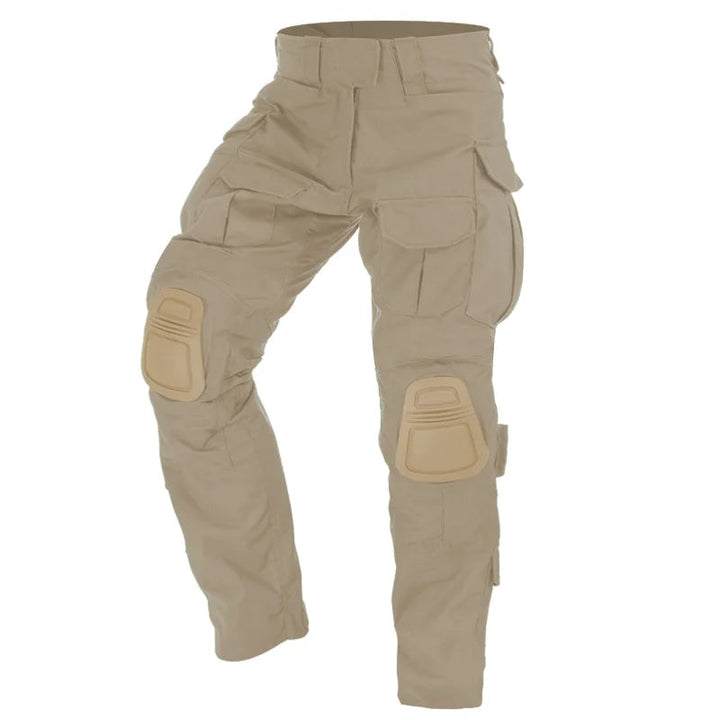 Close-up of men's tactical cargo pants showing reinforced knee pads & utility pockets.