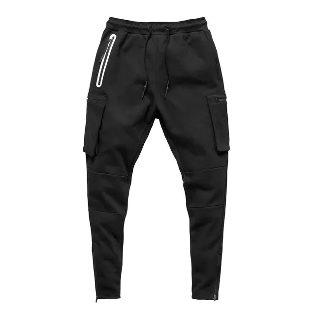 Men's performance training joggers. Tactical cargo pockets, sweat-wicking for gym use.