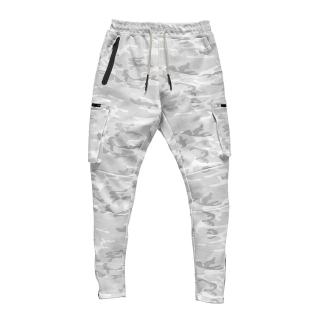 Men's workout tactical cargo joggers. Tapered fit and sweat-wicking for optimal performance.