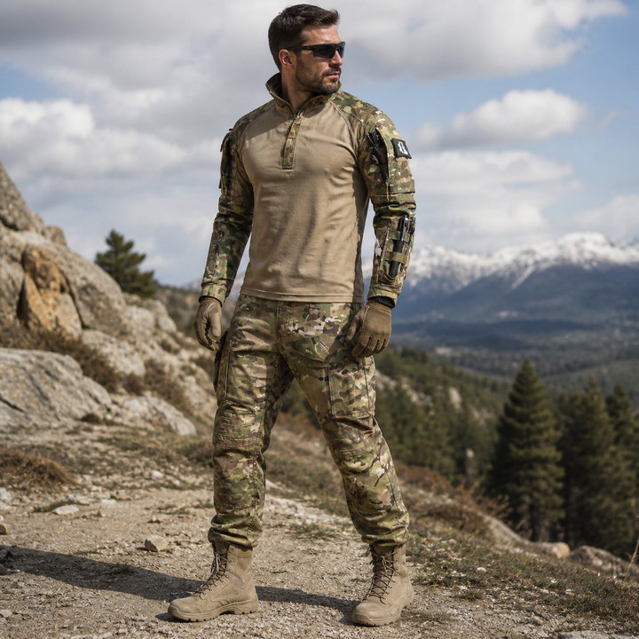Men's tactical two-piece outdoor set. Water-repellent, breathable, multi-season activewear for hiking & work.