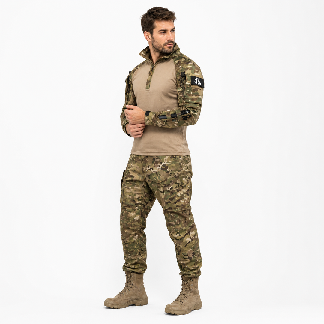 Athletic fit men's tactical outdoor set. Ideal for hiking, workwear. Breathable & water-repellent performance apparel.