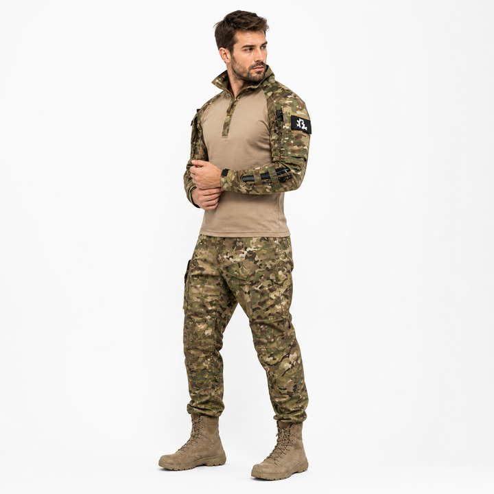 Athletic fit men's tactical outdoor set. Ideal for hiking, workwear. Breathable & water-repellent performance apparel.