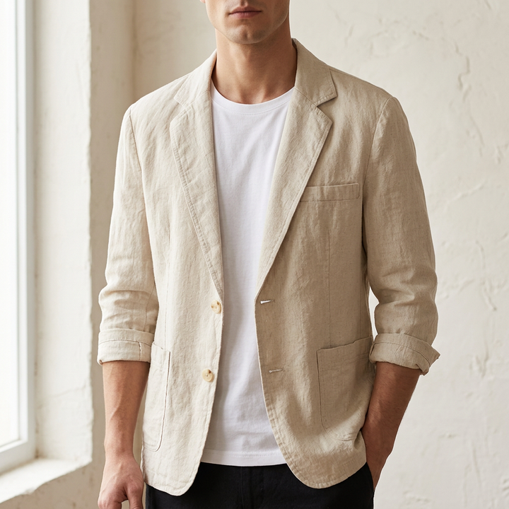 Versatile men's elegant tailored blazer, ideal for professional meetings or sophisticated formal events.