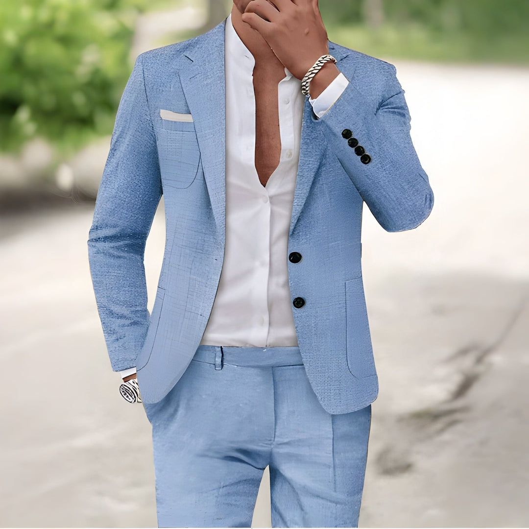 Men's tailored blue luxury linen suit for special occasions & all-day comfort. Ideal wedding or gala attire.