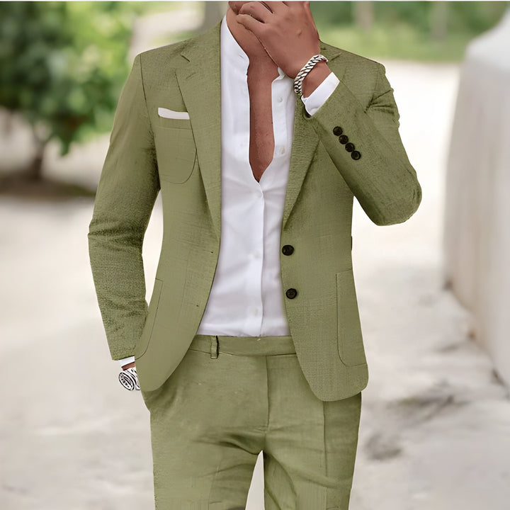 Elegant men's green linen suit, tailored for comfort & breathability. Perfect formal wear for special events.