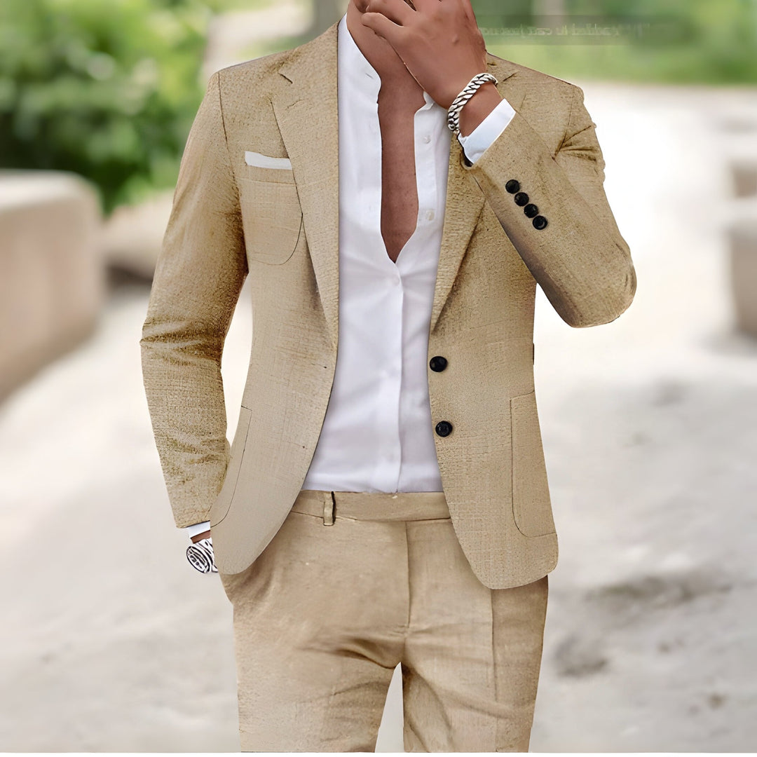 Luxury brown men's linen suit, tailored for formal wear & event attire. Comfortable & breathable for all-day.