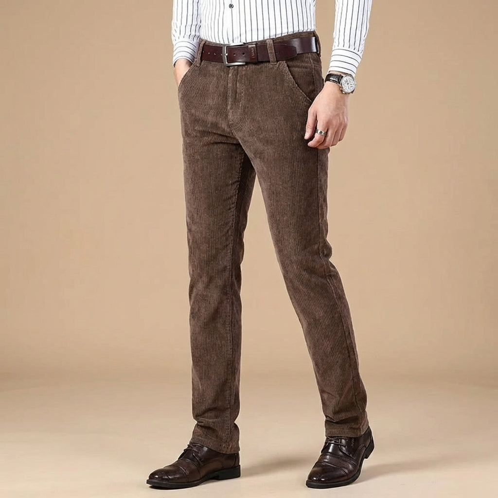 Classic men's corduroy pants with a tailored fit, ideal for dressy occasions and comfort.