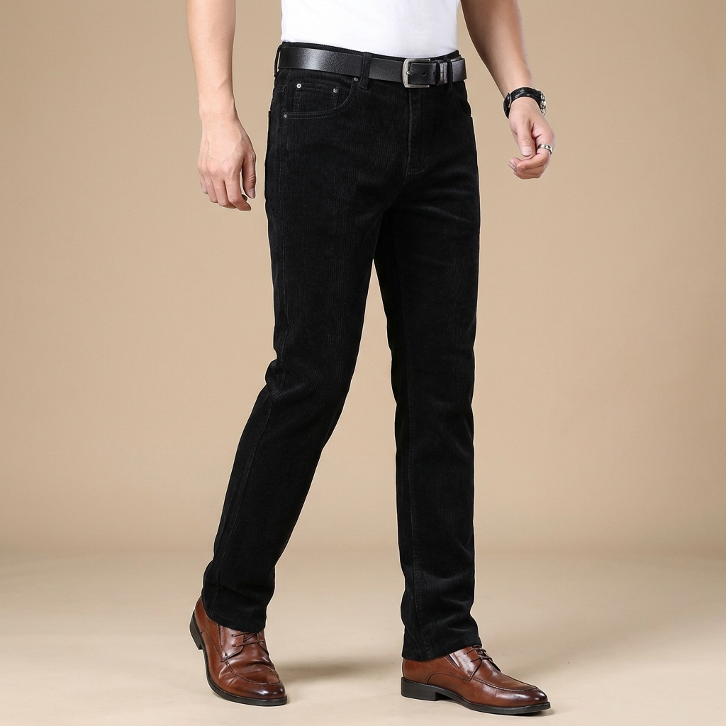 Tailored fit men's corduroy trousers, offering a sharp look for business and everyday wear.