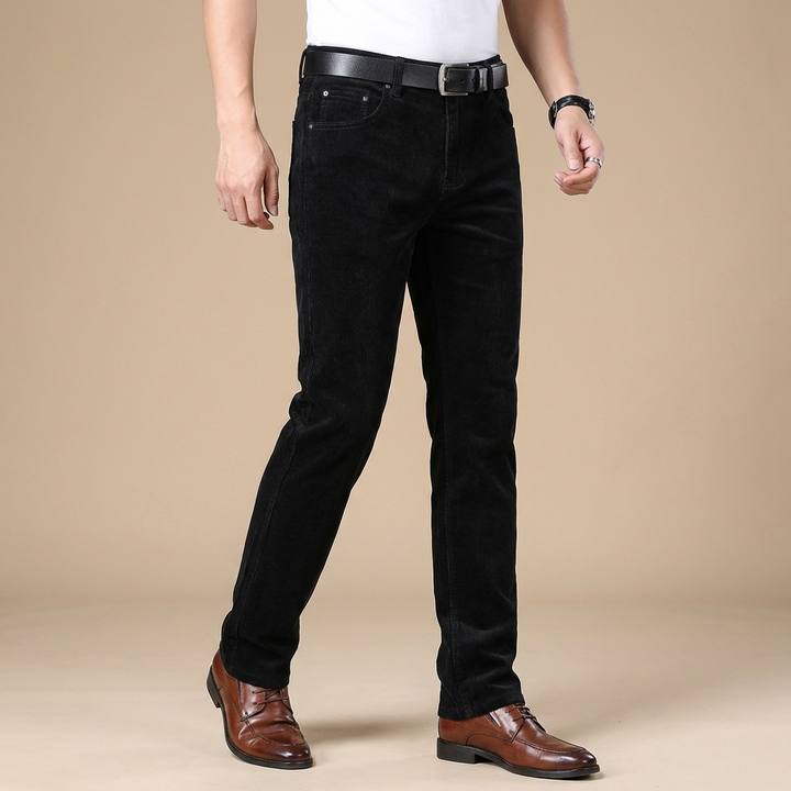 Tailored fit men's corduroy trousers, offering a sharp look for business and everyday wear.